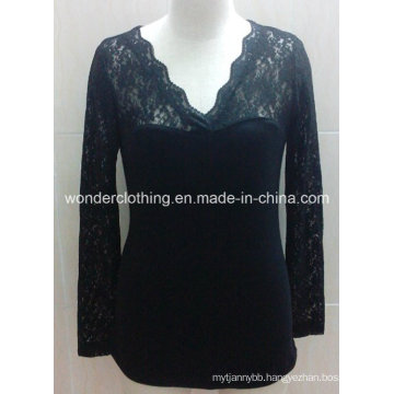 Black Lace Sleeve V Neck Sexy Lady Fashion Shirt Top